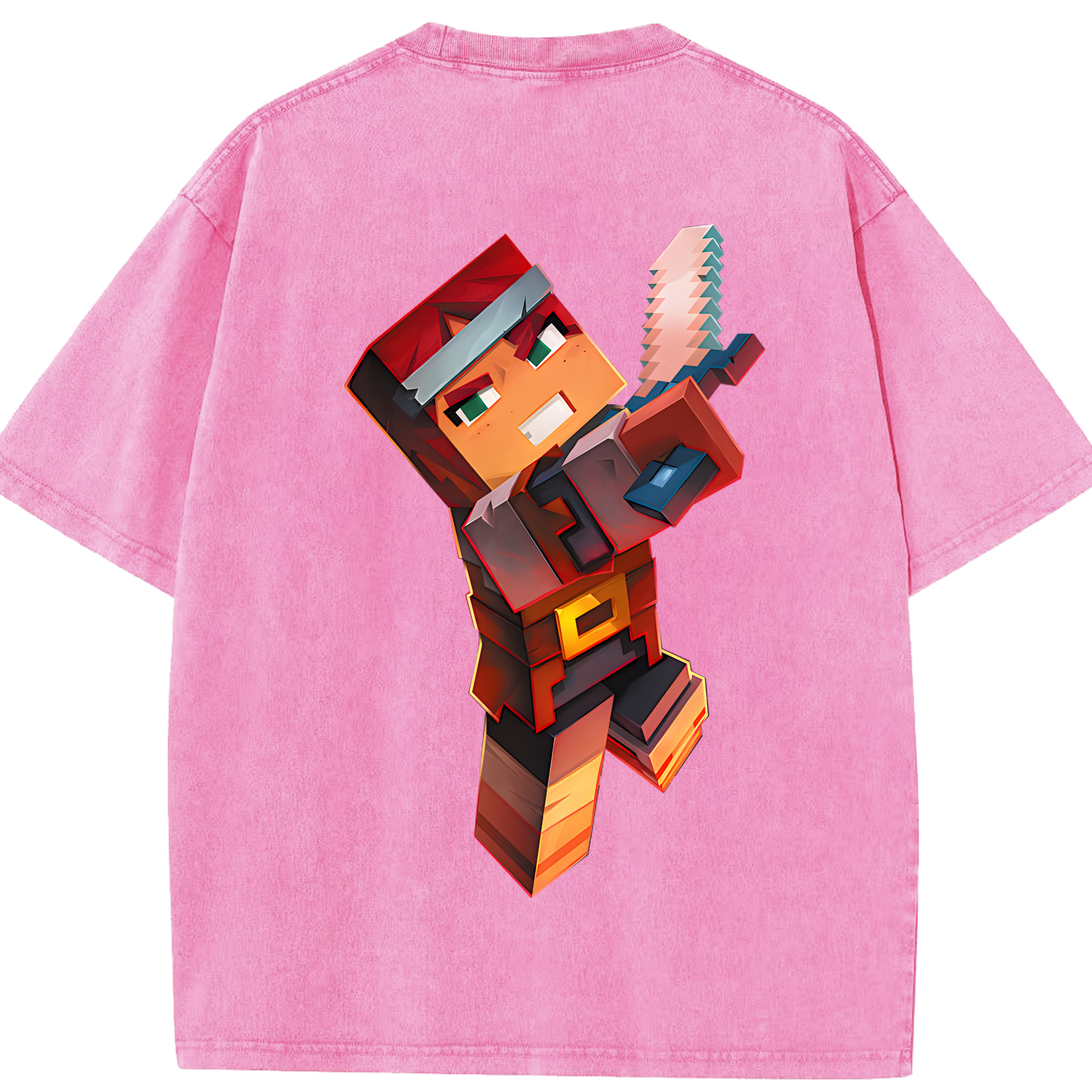（画像用） マインクラフト ブロックの世界 Minecraft MC Block world 綿100% ヴィンテージ風 半袖Tシャツ（背面プリント）